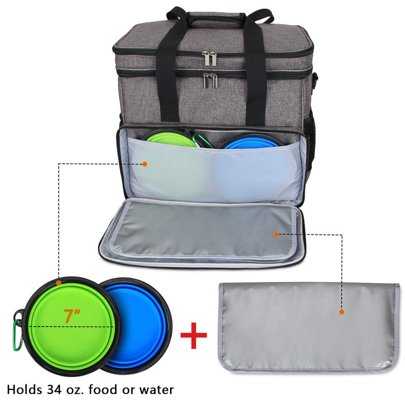 Teamoy Double Layer Dog Travel Bag, Dog Bag for Supplies with 2 Silicone Collapsible Bowls, 2 Food Carriers, 1 Water-Resistant Placemat, Pet Supplies Weekend Tote Organizer (Large, Gray) - Image 4